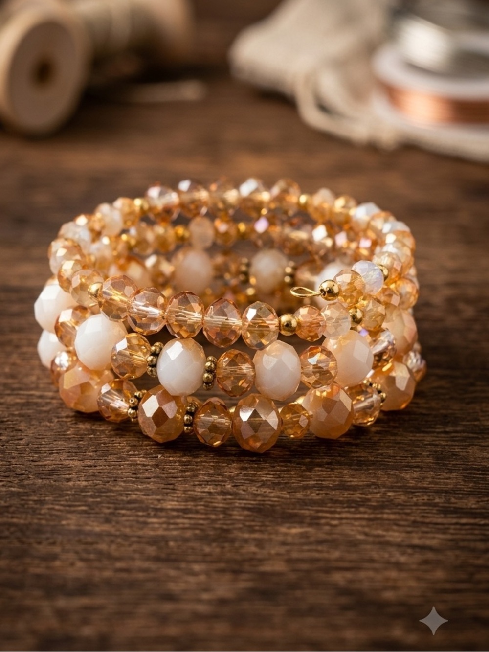 Gold and Cream Faceted Bead Wrap Bracelet